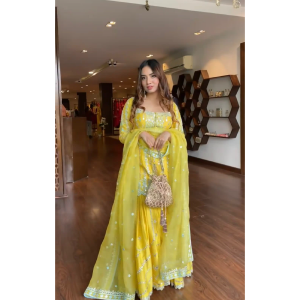 HALDI SPECIAL YELLOW DESIGNER PEPLUM TOP WITH SHARARA PALAZZO SUIT