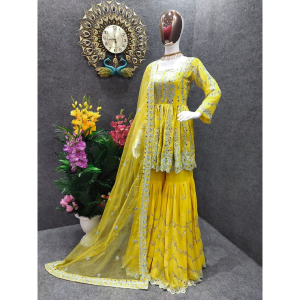 Alternative view of HALDI SPECIAL YELLOW DESIGNER PEPLUM TOP WITH SHARARA PALAZZO SUIT