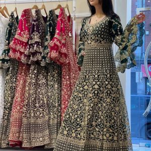 Heavy Green Cotton Gown Party Wear Gorgette Embroidery Work