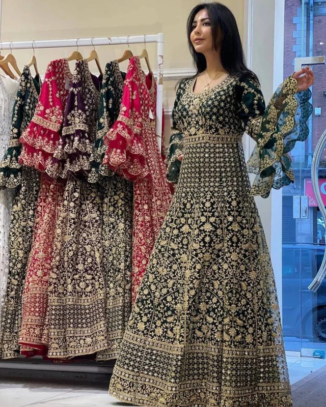 Heavy Green Cotton Gown Party Wear Gorgette Embroidery Work