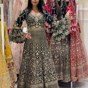 Alternative view of Heavy Green Cotton Gown Party Wear Gorgette Embroidery Work